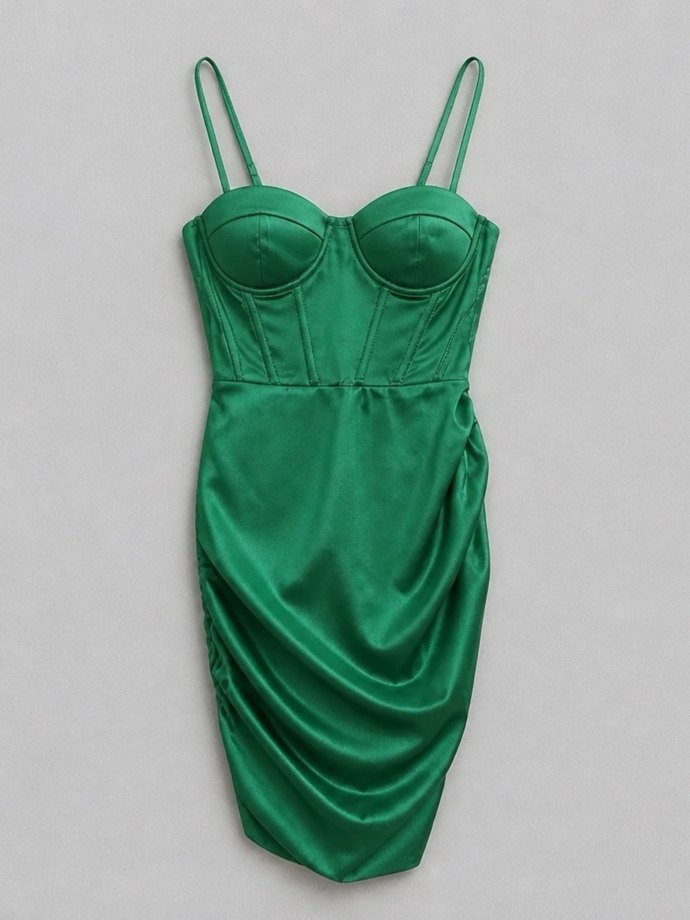 Emerald Satin Ruched Bustier Midi Dress